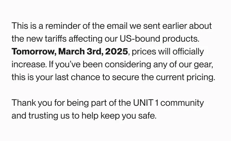 UNIT 1 Announcement - Price increase effective March 3rd, 2025. Last chance to secure current pricing before tariffs affect costs.