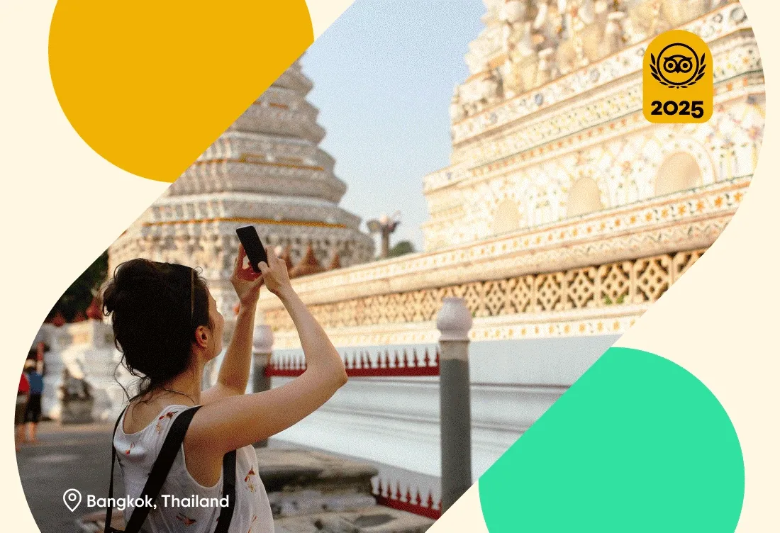 Image Description: A rotating GIF featuring popular destinations around the world, including a traveler taking a photo of the famous Wat Pho temple in Bangkok, a tour guide telling stories to a couple outside the Colosseum in Rome, and a solo traveler enjoying a picturesque view of Azenhas do Mar, a cliffside village in Lisbon. A gold 2025 Travelers’ Choice Awards Best of the Best badge is on the top right of each image.
