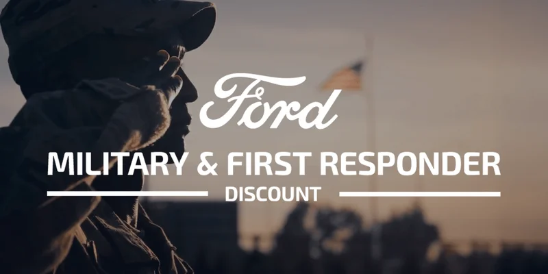 A soldier saluting with an American flag in the distance, with the Ford script logo and the words “Military & First Responder Discount” overtop the image