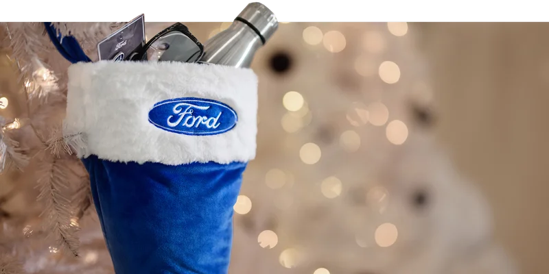 Blue Ford stocking filled with merchandise hanging from a white holiday tree