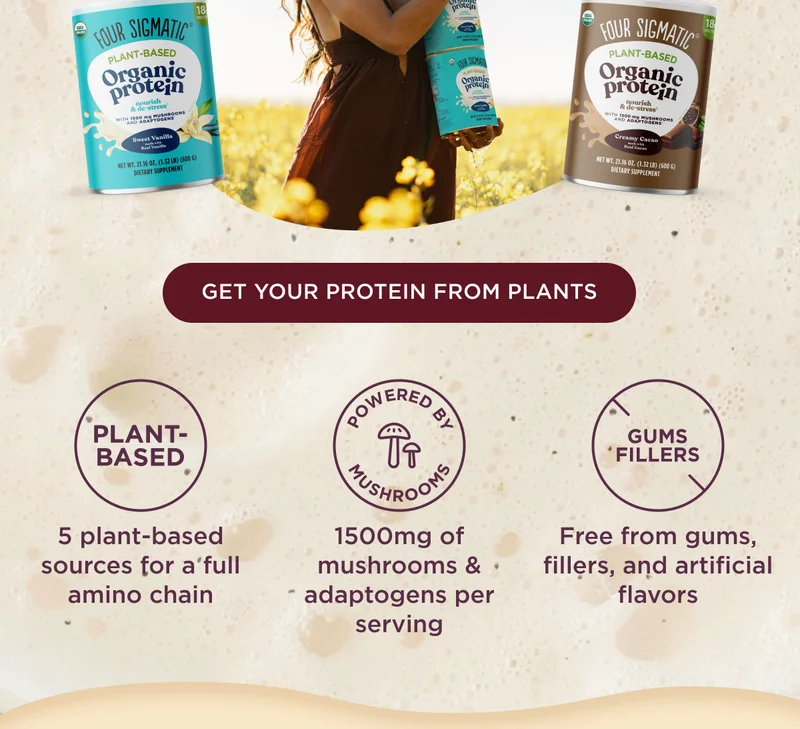 GET YOUR PROTEIN FROM PLANTS - 5 plant-based sources for a full amino chain; 1500mg of mushrooms & adaptogens per serving; Free from gums, fillers, and artificial flavors