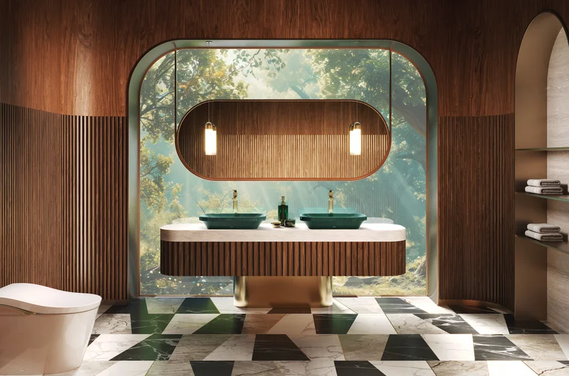 A colorful bathroom with mid-century modern styling featuring forest green lavatories and a NEOREST smart toilet