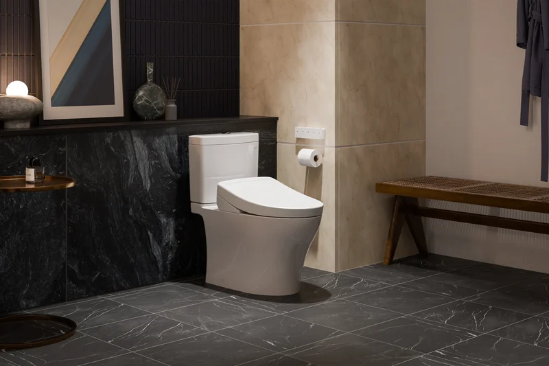 An Aquia IV WASHLET+ S5 bidet toilet in a modern bathroom with a slate marble tile floor and warm lightiing