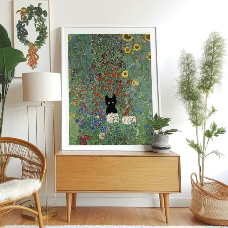Image of Gustav Klimt Style, Farm Garden With Sunflowers And A Black Cat 2 Living Room Art print