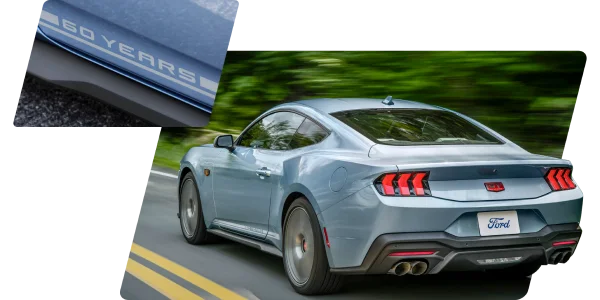 Rear view of the 2025 Mustang® 60th Anniversary GT coupe, a detail of the 60 years livery