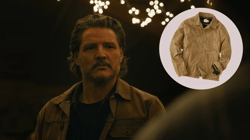 Pedro Pascal wearing the Flint and Tinder waxed trucker jacket in The Last of Us season 2. Pedro Pascal wearing the Flint and Tinder waxed trucker jacket in The Last of Us season 2.