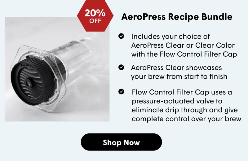 AeroPress Clear Coffee Maker & Flow Control Filter Cap Bundle AeroPress Clear showcases your brew from start to finish. Flower Control Filter Cap uses a pressure-actuated valve to eliminate drip through. The set includes the AeroPress Clear, paper micro filters, scoop, stirrer, and a Flow Control Filter Cap.