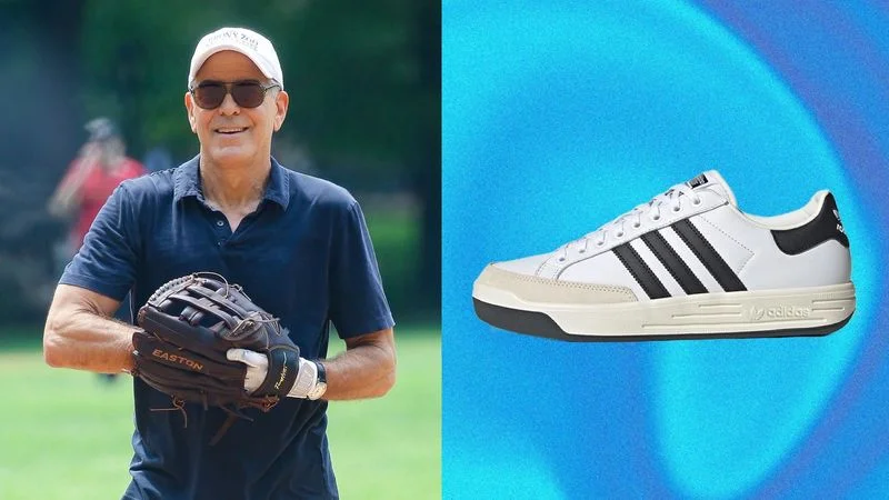 George Clooney wearing Adidas Rod Laver sneakers while playing baseball. George Clooney wearing Adidas Rod Laver sneakers while playing baseball.