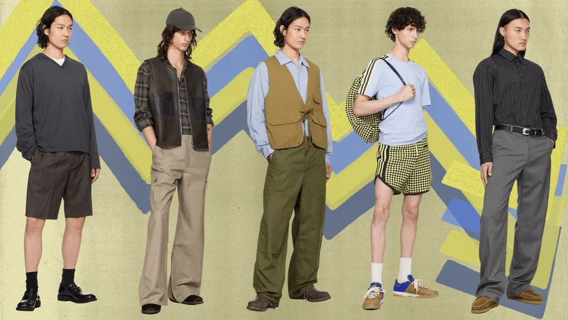 Five SSENSE sale models standing in front of a colorful background. Five SSENSE sale models standing in front of a colorful background.