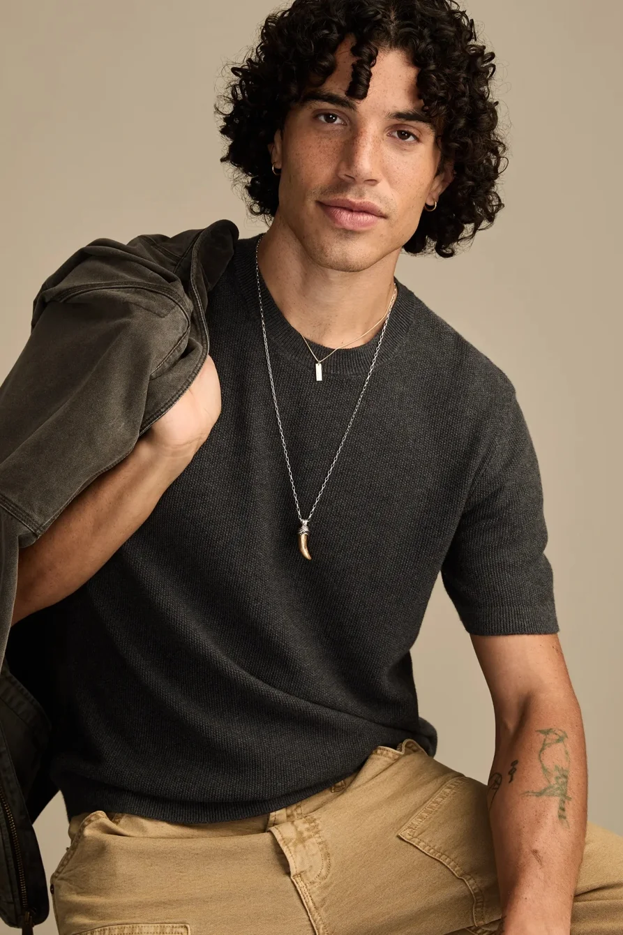 Image of Lucky Brand Short Sleeve Crew Neck Sweater - Men's Clothing Outerwear Tops Sweatshirts Crewneck Hoodies in Eclipse