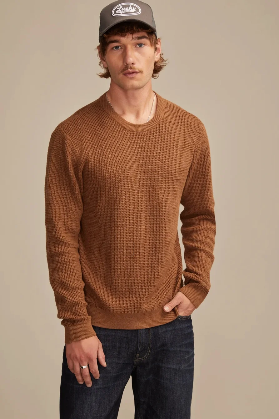 Image of Lucky Brand Waffle Sweater Crew - Men's Clothing Outerwear Tops Sweatshirts Crewneck Hoodies in Cream Heather