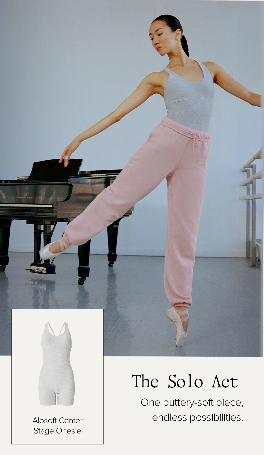 THE SOLO ACT ONE BUTTERY-SOFT PIECE, ENDLESS POSSIBILITIES. ALOSOFT CENTER STAGE ONESIE. SHOP NEW ARRIVALS.