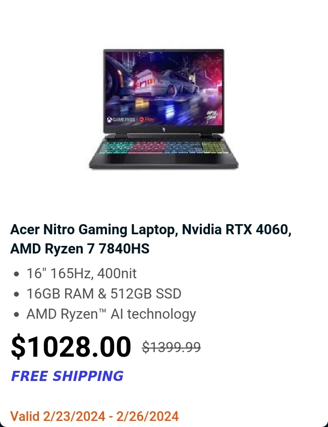 Acer Nitro Gaming Laptop, Nvidia RTX 4060, AMD Ryzen 7 7840HS