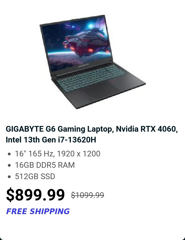 GIGABYTE G6 Gaming Laptop, Nvidia RTX 4060, Intel 13th Gen i7-13620H