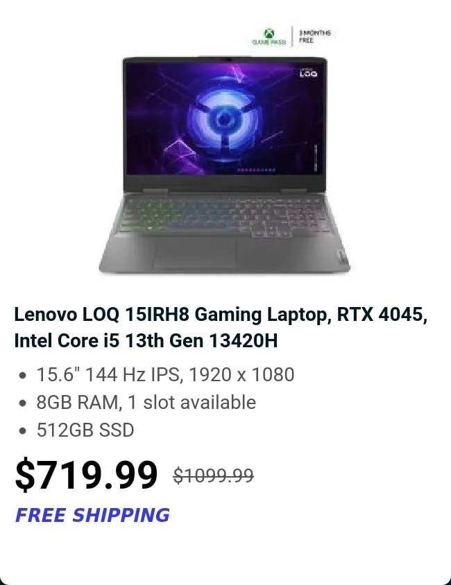 Lenovo LOQ 15IRH8 Gaming Laptop, RTX 4045, Intel Core i5 13th Gen 13420H
