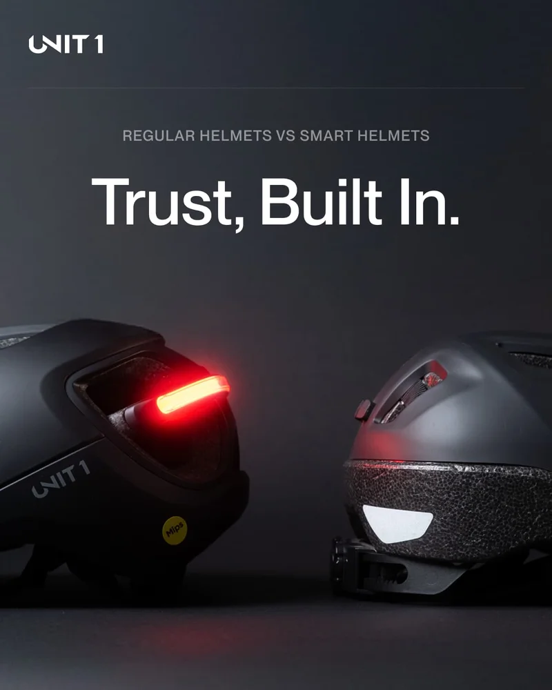 Side-by-side comparison of a UNIT 1 smart helmet with rear lights on, and a standard helmet with no lights or tech features.