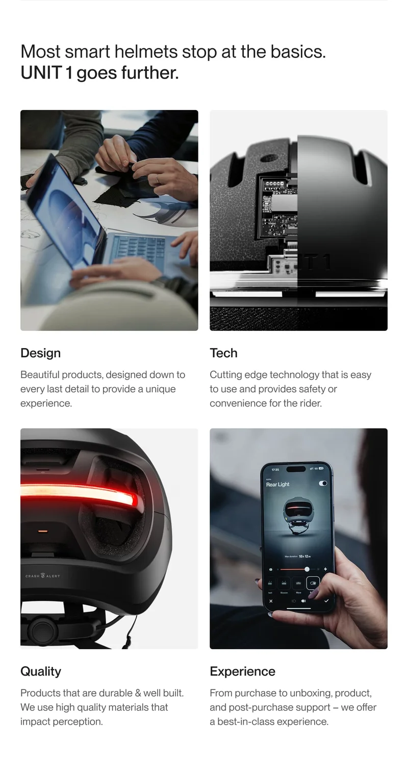 Four key pillars of UNIT 1 helmets: thoughtful design, cutting-edge tech, premium quality materials, and a top-tier customer experience from purchase to post-support.