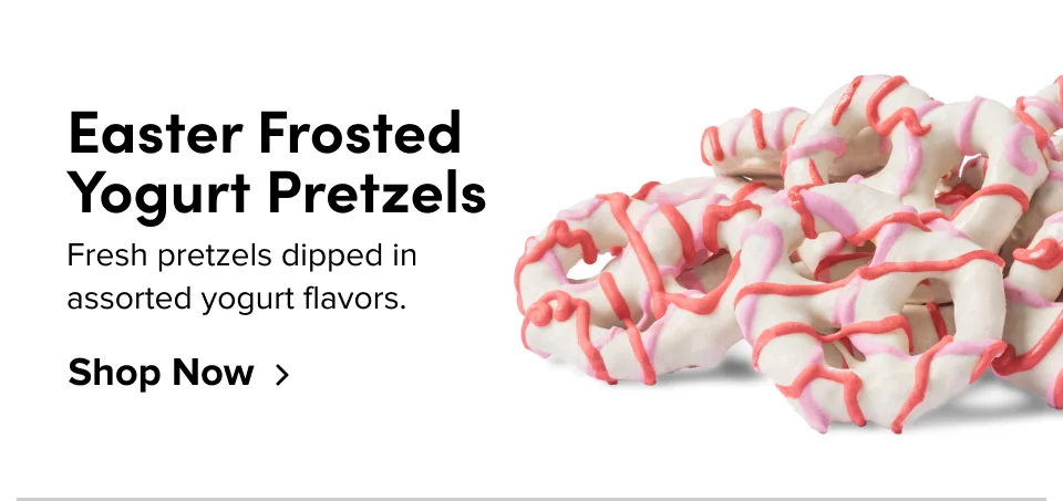 Easter Frosted Yogurt Pretzels: Fresh pretzels dipped in assorted yogurt flavors.