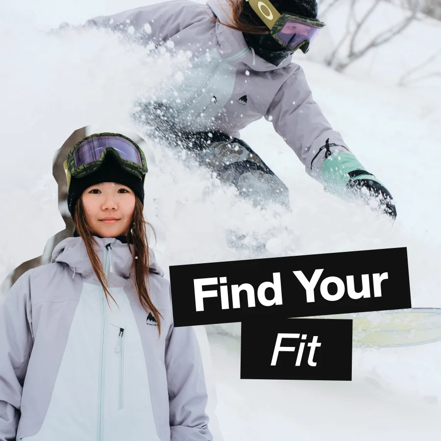 Snowboarder riding powder wearing Burton Outerwear with the text Find Your Fit