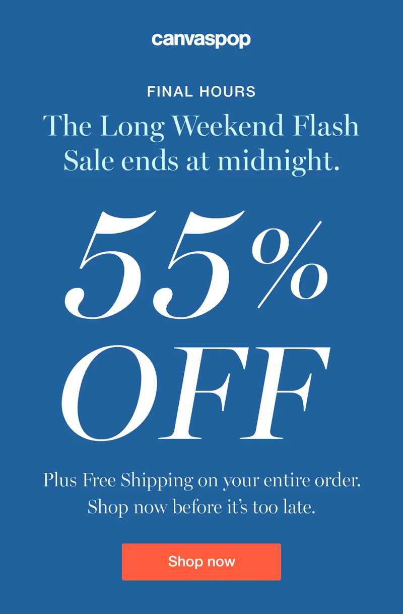 Final Hours. The Long Weekend Flash Sale ends at midnight. 55% off Plus Free Shipping. Order now before it's too late.