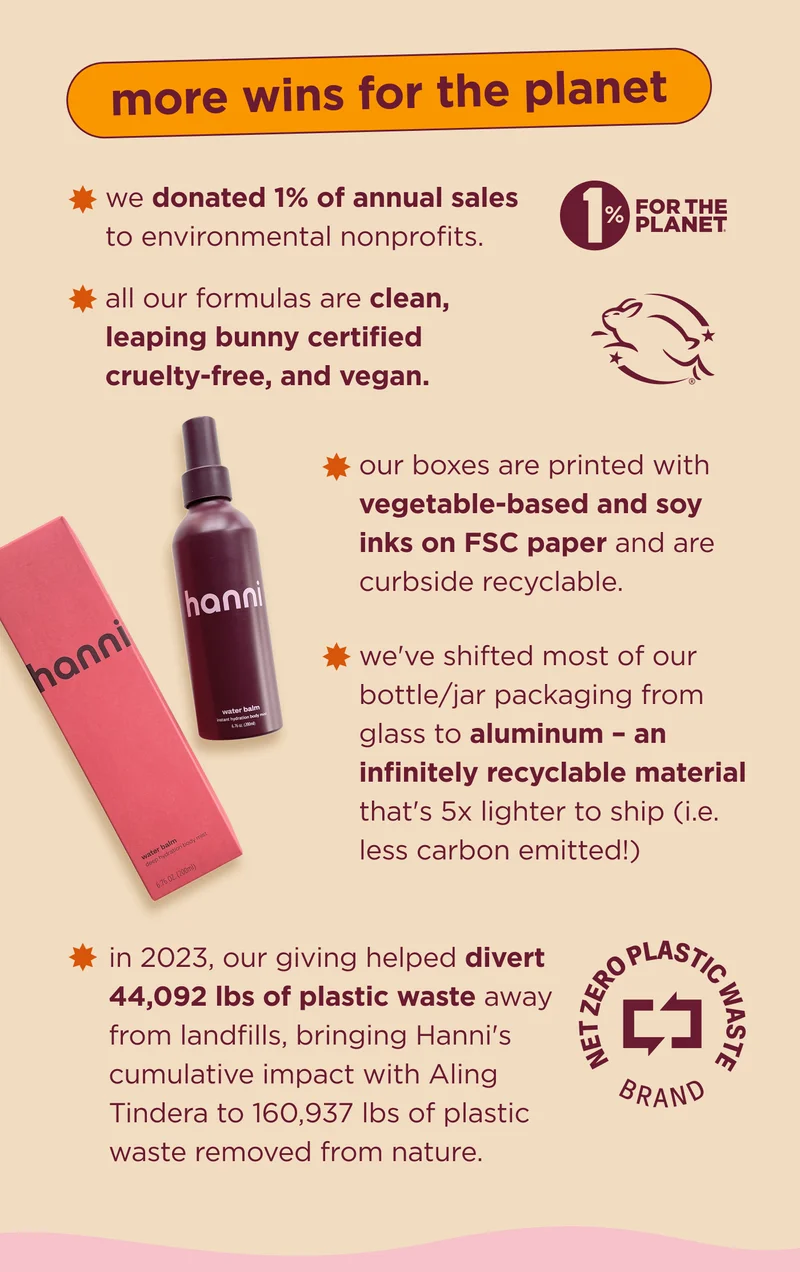 more wins for the planet we donated 1% of annual sales to environmental nonprofits. all our formulas are clean, leaping bunny certified cruelty-free, and vegan. our boxes are printed with vegetable-based and soy inks on FSC paper and are curbside recyclable. we've shifted most of our bottle/jar packaging from glass to aluminium – an infinitely recyclable material that's 5x lighter to ship (i.e. less carbon emitted!)  in 2023, our giving helped divert 44,092 lbs of plastic waste away from landfills, bringing Hanni's cumulative impact with Aling Tindera to 160,937 lbs of plastic waste removed from nature.