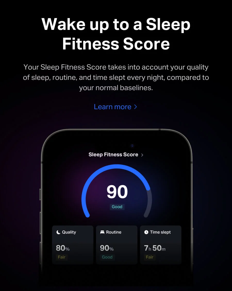 Wake up to a Sleep Fitness Score. Your Sleep Fitness Score takes into account your quality of sleep, routine, and time slept every night, compared to your normal baselines.