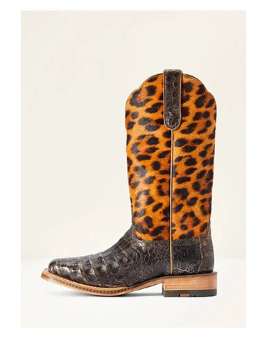 Shop Women's Donatella Western boot in leopard calf and black suede foot