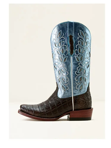 Shop Women's Futurity Silk Western Boot with Blue Embroidered Calf and Espresso Foot