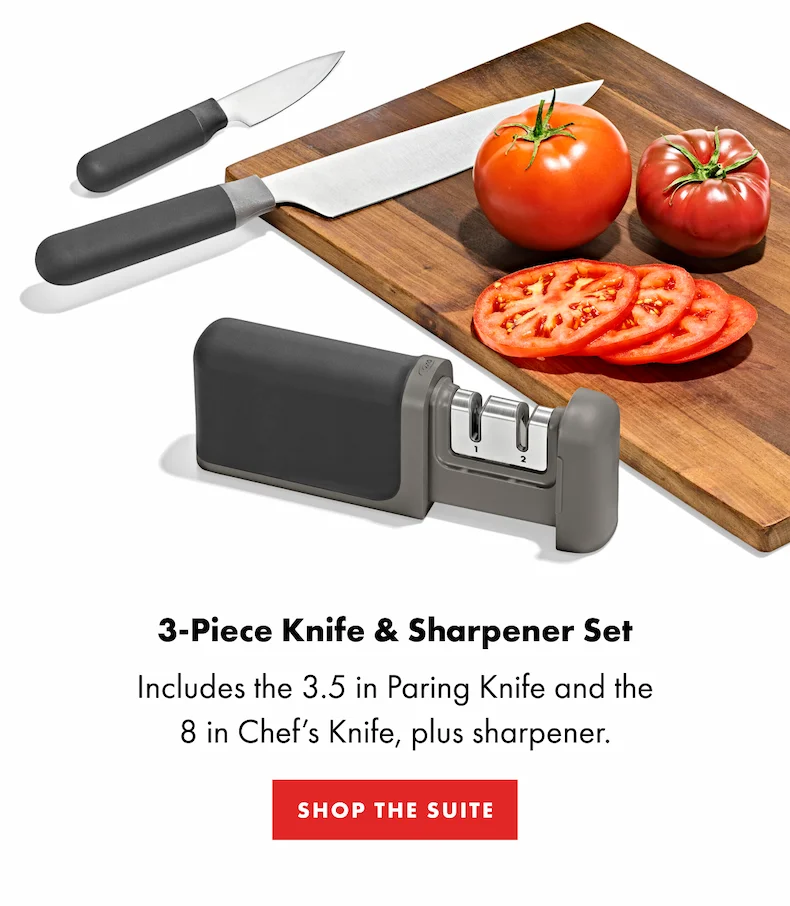 3-Piece Knife & Sharpener Set. Includes the 3.5 in Paring Knife and the 8 in Chef's Knife, plus sharpener. | Shop the Suite