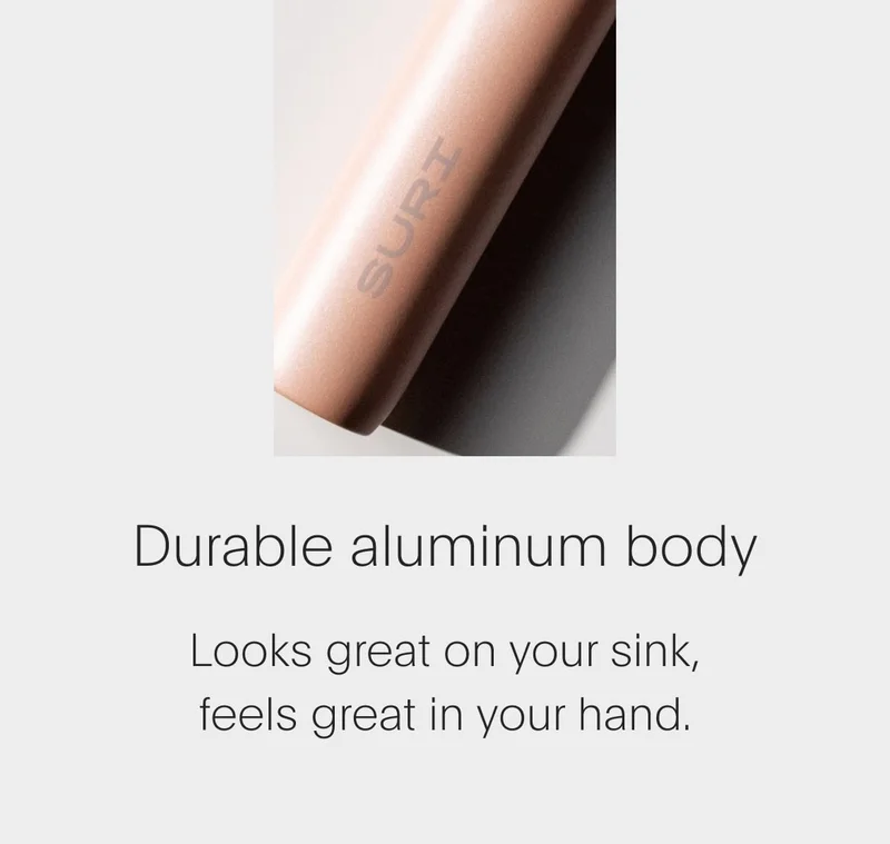 durable aluminum body - looks great on your sink, feels great in your hand.