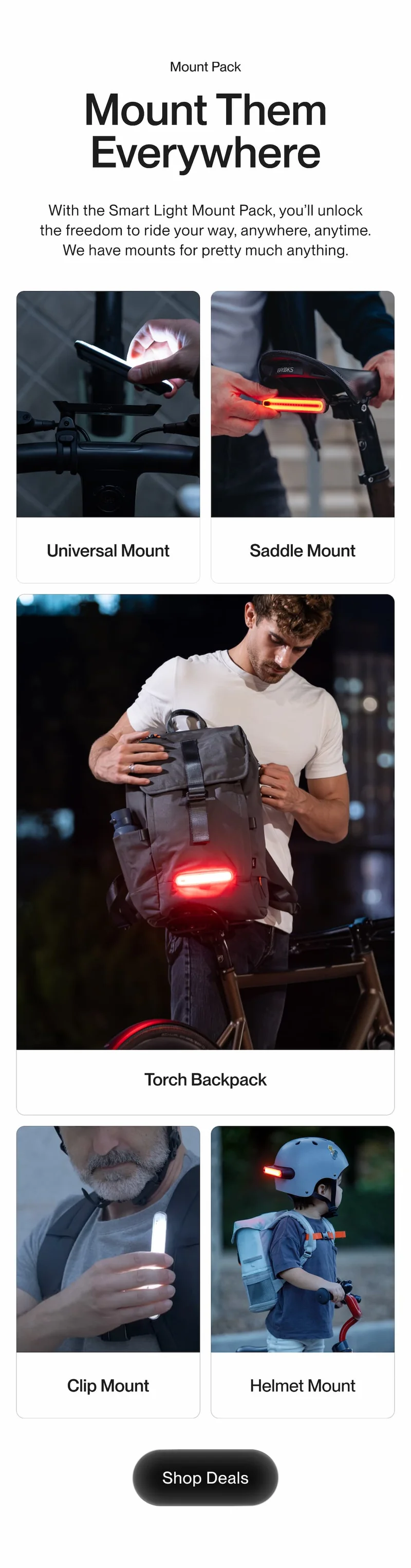 Grid showing different Smart Light mounts including universal mount, saddle mount, backpack mount, clip mount and helmet mount.