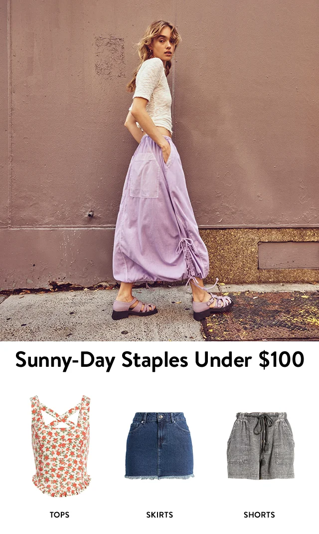 A woman wearing a cream sweater, lilac maxi skirt and platform fisherman sandals. A floral-print tank top under $100. A denim miniskirt under $100. Black denim shorts under $100.