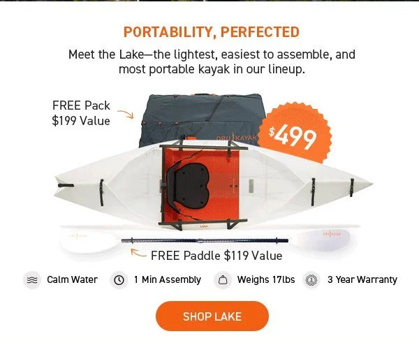 Get the Lake Kayak + a Pack and Paddle for just $499!