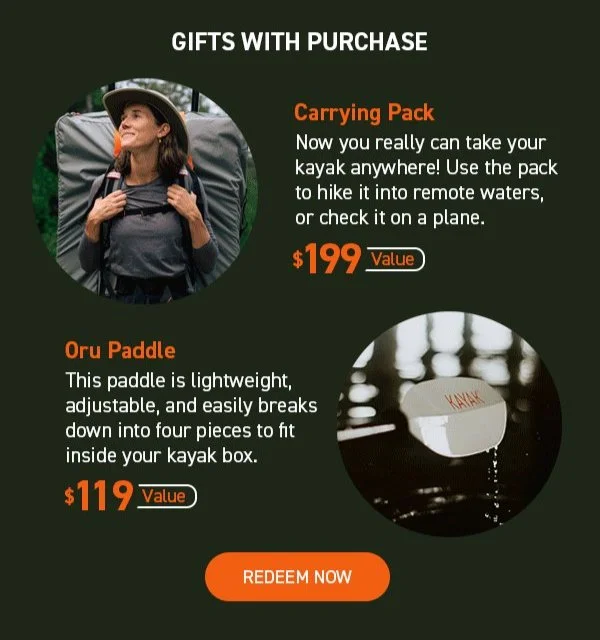 New Deal of the Week! Get a FREE paddle + carrying pack ($318 value) with any kayak purchase!