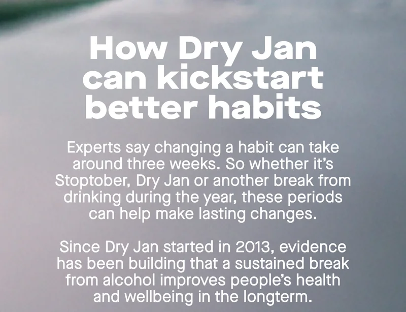 Experts say changing a habit can take around three weeks. So whether it’s Stoptober, Dry Jan or another break from drinking during the year, these periods can help make lasting changes.  Since Dry Jan started in 2013, evidence has been building that a sustained break from alcohol improves people’s health and wellbeing in the longterm.