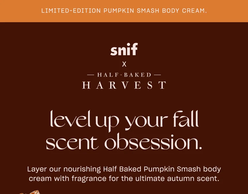 Layer our nourishing Half Baked Pumpkin Smash body cream with fragrance for the ultimate autumn scent.