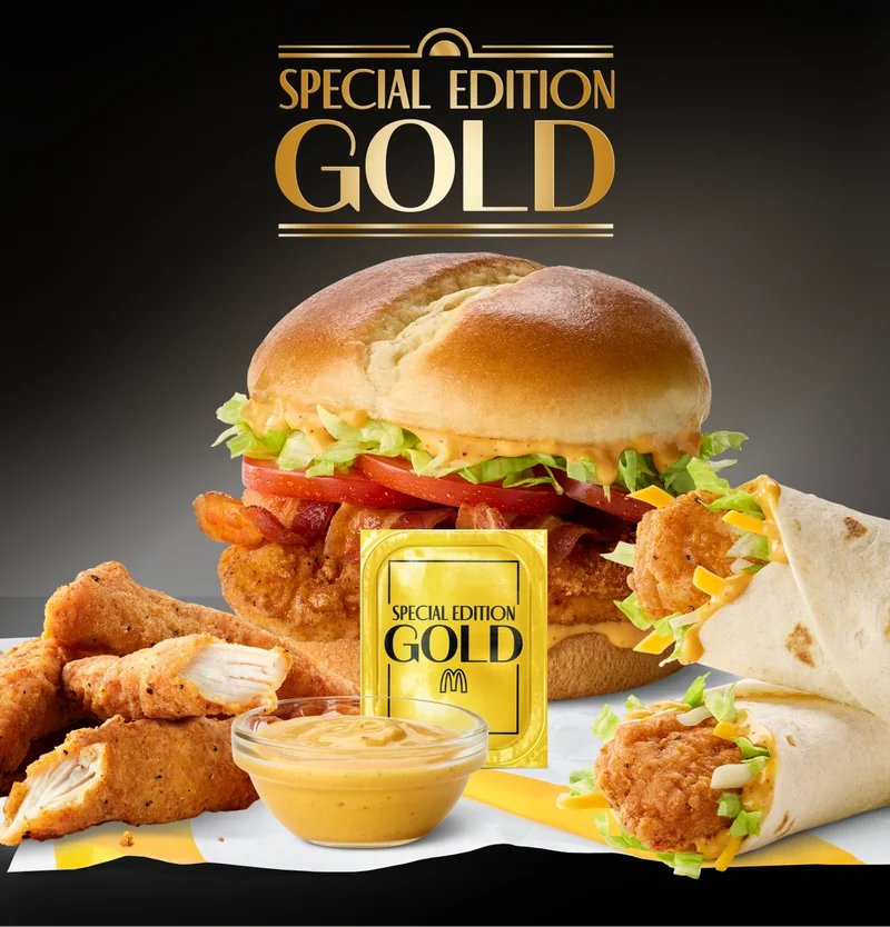 Bacon Special Edition Gold Deluxe McCrispy, McCrispy Strips with Special Edition Gold Sauce and Special Edition Gold Snack Wrap.