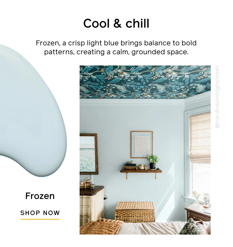 Cool & chill. Frozen, a crisp light blue brings balance to bold patterns, creating a calm, grounded space. Frozen SHOP NOW