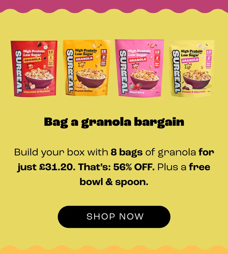 Bag a granola bargain  Build your box with 8 bags of granola for just £31.20. That’s: 56% OFF. Plus a free bowl & spoon.