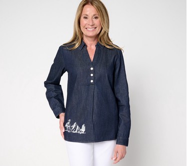 Denim & Co. Canyon Retreat 100% Cotton Placed Print Denim Shirt