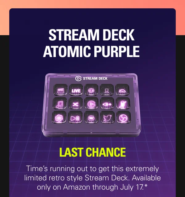 Stream Deck Atomic Purple. LAST CHANCE. Time’s running out to get this extremely limited retro style Stream Deck. Available only on Amazon through July 17.*