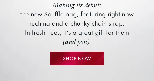 Making its debut: the new Souffle bag, featuring right-now ruching and a chunky chain strap. In fresh hues, it's a great gift for them (and you).