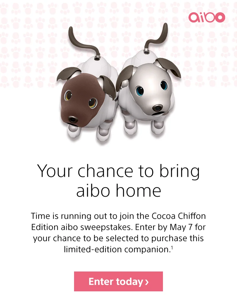 Your chance to bring aibo home | Time is running out to join the Cocoa Chiffon Edition aibo sweepstakes. Enter by May 7 for your chance to be selected to purchase this limited-edition companion.1 Enter Today