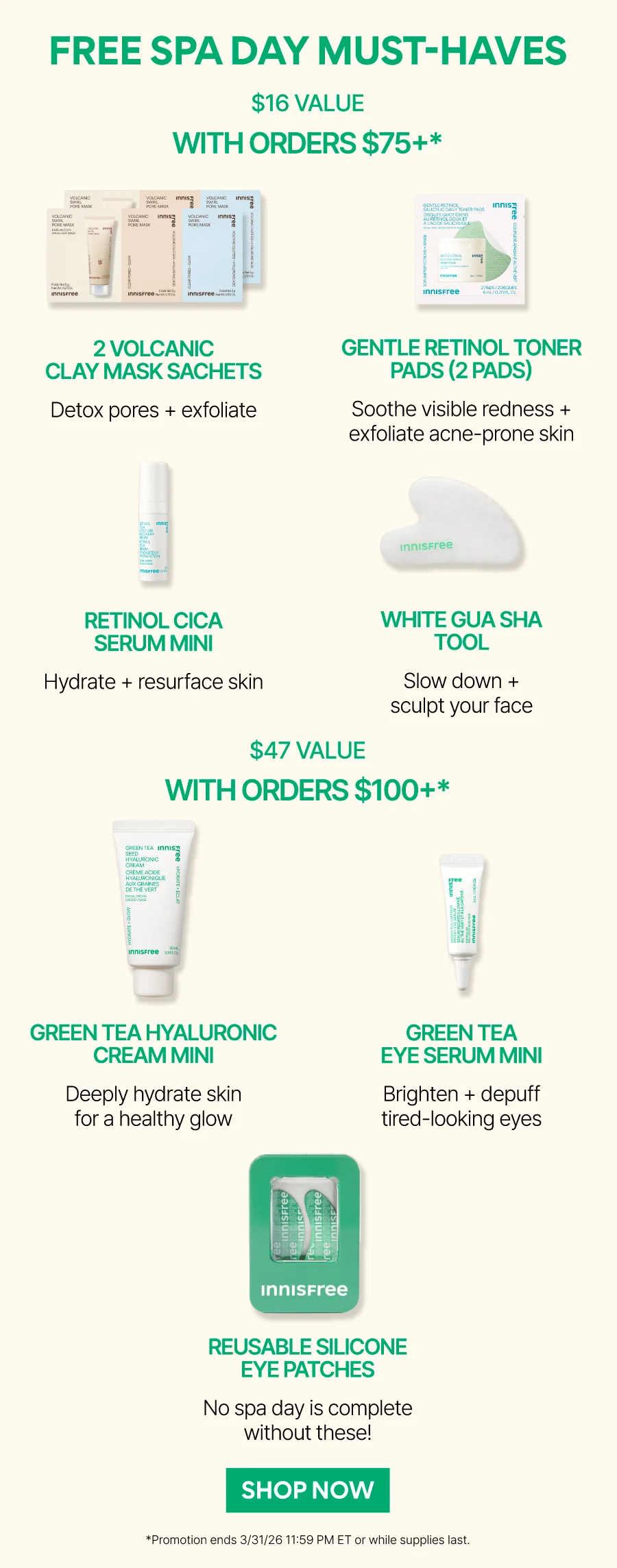 FREE SPA DAY ESSENTIALS WITH ORDERS $75+ AND $100+