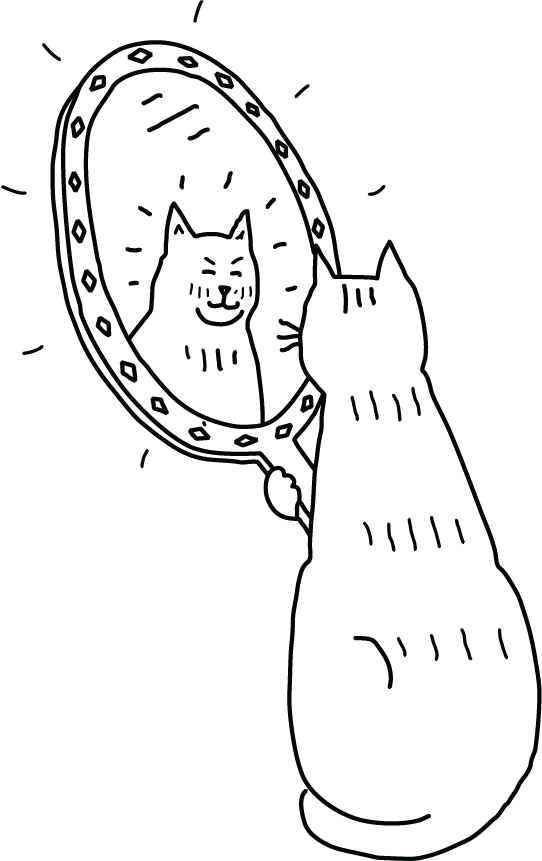 A DRAWING of cat looking in the mirror and smiling
