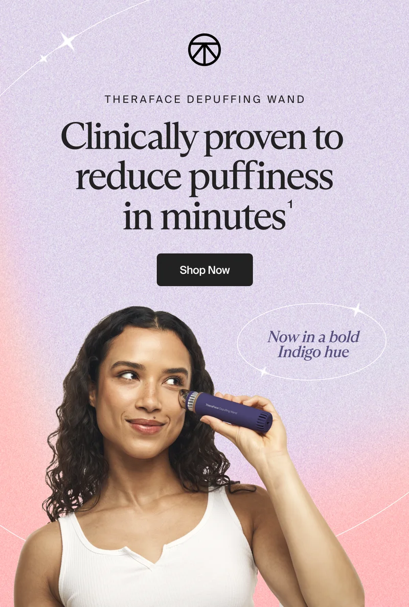 Theraface depuffing wand | Clinically proven to reduce puffiness in minutes | Shop Now | Now in a bold Indigo hue