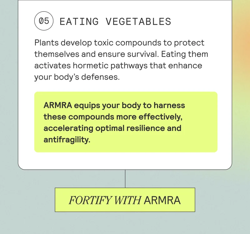EATING VEGETABLES Plants develop toxic compounds to protect themselves and ensure survival. Eating them activates hormetic pathways that enhance your body's defenses. ARMRA equips your body to harness these compounds more effectively, accelerating optimal resilience and antifragility. FORTIFY WITH ARMRA