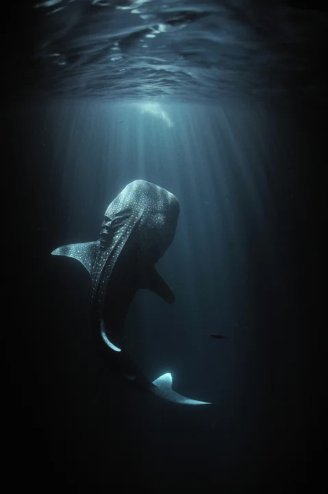 A shark swims upward towards the surface of the water.