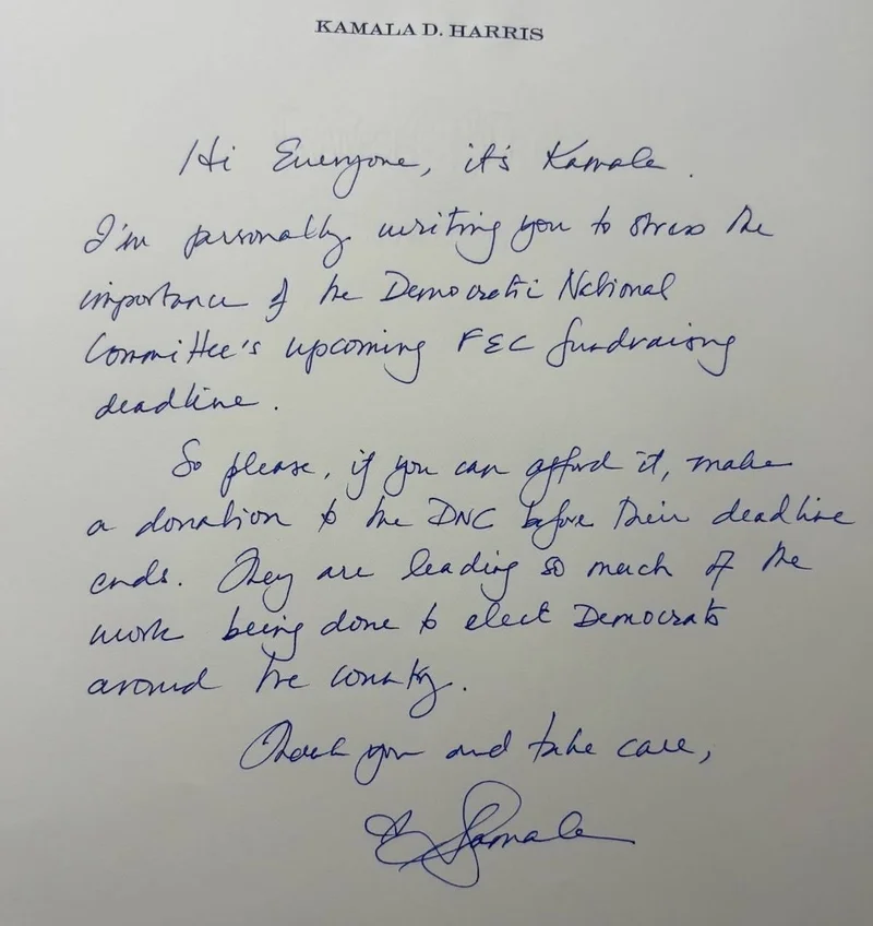 Handwritten Note From Kamala Harris