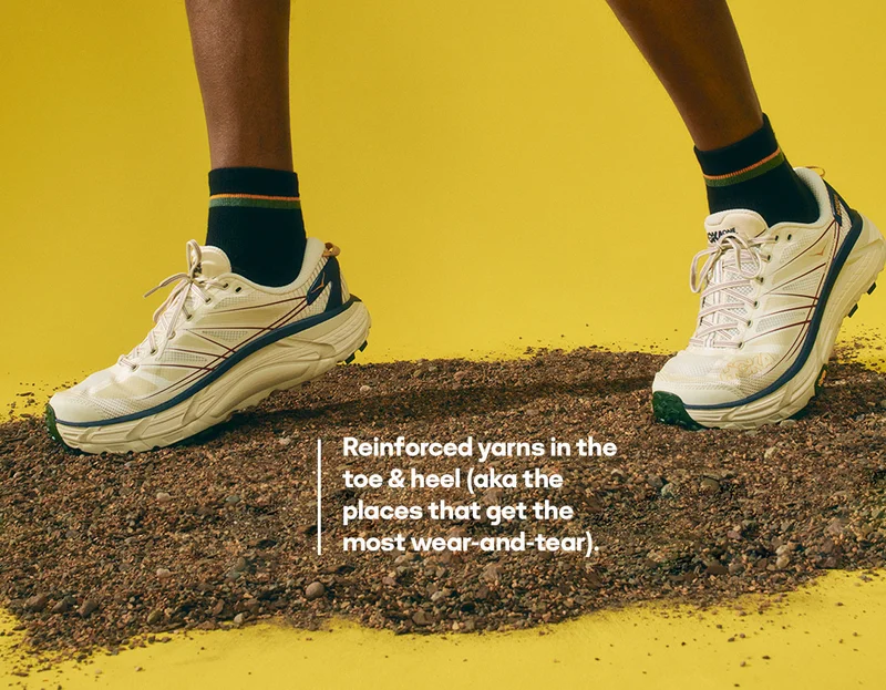 Rainforced yarns in the toe and heel (aka the places that get the most wear-and-tear).